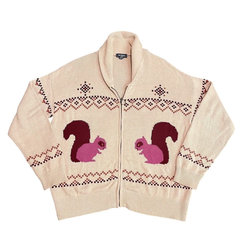 ModCloth Squirrel Fair Isle Full Zip Shawl Collar Cardigan Sweater Women's Large